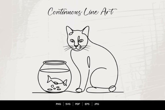 Cat and Fishbowl Line Art Illustration