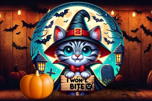 Halloween Cat Vampire Round Sign Design Review