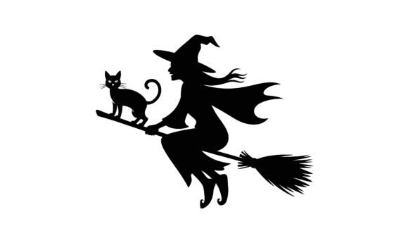 Witch and Cat Flying on Broomstick